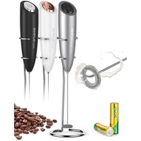 SimpleTaste Milchaufschäumer Elektrisch, Handheld Milchaufschäumer mit 2 Batterie und Edelstahl Standfuß, Manuelle Milchschäumer mit Elektrischer Starker Motor, Milk Frother (Silber)