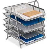 Relaxdays Dokumentenablage, Papierablage für A4 Formate, 4 Fächer, 37,5 x 30 x 35 cm, Mesh-Design, Büro-Ablage, Silber