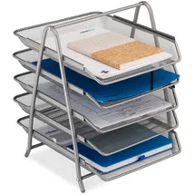 Relaxdays Dokumentenablage, Papierablage für A4 Formate, 4 Fächer, 37,5 x 30 x 35 cm, Mesh-Design, Büro-Ablage, Silber
