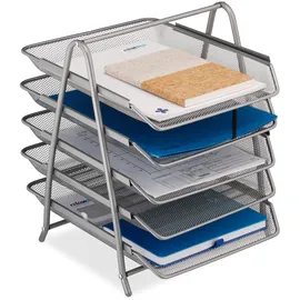 Relaxdays Dokumentenablage, Papierablage für A4 Formate, 4 Fächer, 37,5 x 30 x 35 cm, Mesh-Design, Büro-Ablage, Silber