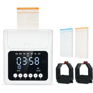 Bisofice Zeitstempel Mitarbeiter Anwesenheitsmelder mit Batterie und 100 Etiketten Elektronische Zeituhr mit LED-Display, zweifarbiger Druck
