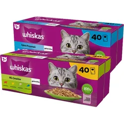 WHISKAS Adult Sachets 40 x 85 g Geschmacksmix - Nassfutter für ausgewachsene Katzen, in Gelee + WHISKAS Adult Sachets 40 x 85 g Fishy Treats