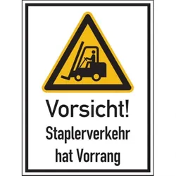 König Werbeanlagen Dreifke® Kombi-Warnschild, Vorsicht! Staplerverkehr hat Vorran - 300x400x2 mm Aluverbund