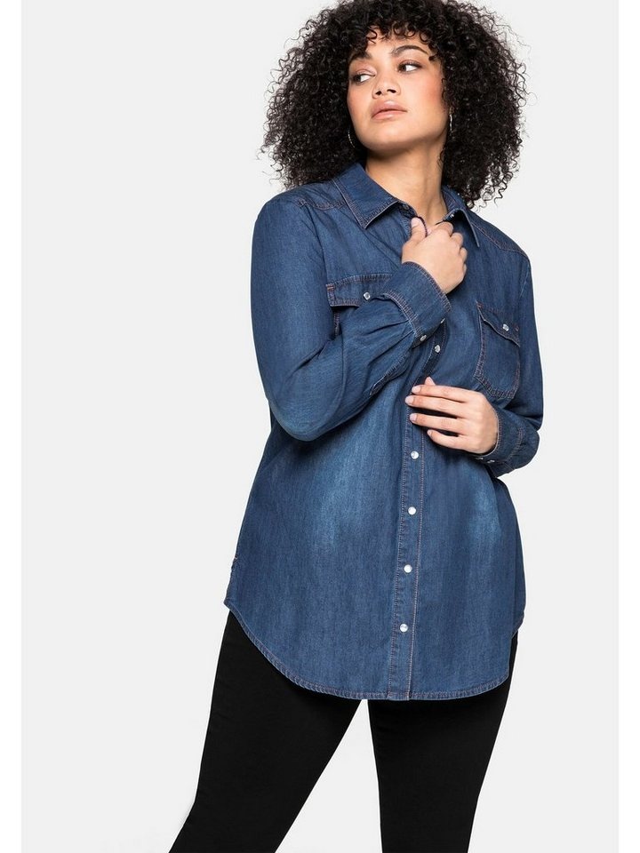 Sheego Jeansbluse Große Größen mit Knopfleiste und Brusttaschen blau 44
