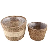 Acfthepiey 2 handgefertigte Stroh-Aufbewahrungskörbe, Rattan-Boden-Blumentopf, für drinnen und draußen, Blumentopf, Pflanzenbehälter