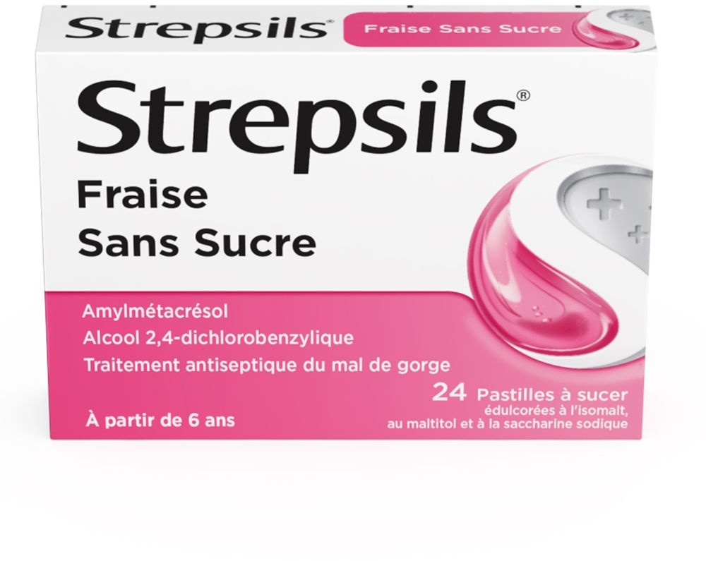 Strepsils Fraise Sans Sucre - Traitement Antiseptique du Mal de Gorge - À partir de 6 ans 24 pc(s) comprimé(s) à sucer