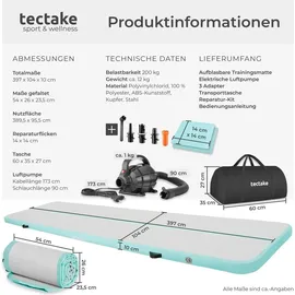 Tectake tectake® Airtrack Trainingsmatte aufblasbar, rutschfestes, hochwertiges PVC, inkl. Transporttasche, 397 x 104 x 10 cm