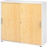 bümö Schiebetürenschrank "3OH" - Aktenschrank abschließbar, Sideboard Schrank mit Schiebetüren in Weiß/Ahorn - Büroschrank aus Holz mit Schiebetür,