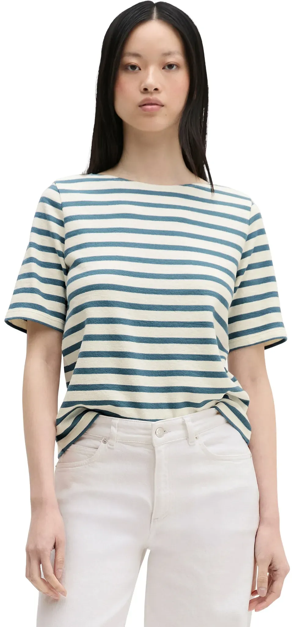 T-Shirt MARC O'POLO, Damen, Gr. S, grün (medium blau), Jersey, Obermaterial: 100% Baumwolle, gerade normal, U-Boot-Ausschnitt, Shirts T-Shirt, straight aus weichem Jersey, geringelt