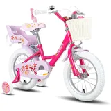 HILAND Joystar 14 Zoll Kinderfahrräder Mädchen mit Puppensitz, Stützräder, Korb, Schutzbleche, V-Brake-Bremsen, Lila - Lila