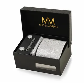 MASSI MORINO Krawatte Paisley Grau mit Einstecktuch Set Herren inkl. Manschettenknöpfe, Krawattennadel und Geschenkbox - Männer Krawattenset - Einheitsgröße