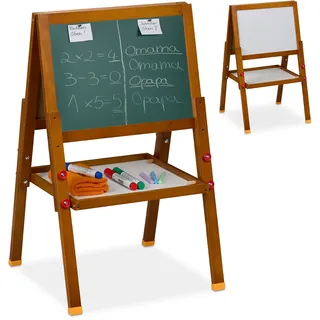 Relaxdays Kinderstandtafel, magnetische Spieltafel, höhenverstellbar, 65-77x39x44,5 cm, Whiteboard & Kreidetafel, braun