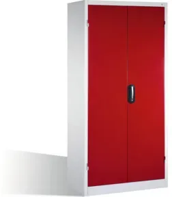 C+P Schwerlastschrank mit Drehtüren, 4 Böden und 3 Schübe, H1950xB930xT600mm Front Rubinrot Korpus Lichtgrau