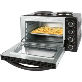 Bomann KK 6059 CB Kleinküche, 28 Liter Mini-Backofen mit 2 Kochplatten, Umluft, Ober- & Unterhitze, Drehspieß, Cool-Touch-Griff, 3100 Watt, Schwarz