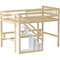OKWISH Massivholzbett 140x200 mit Stauraumtreppe hohes Sicherheitsgeländer platzsparend robust langlebig Kiefernholz elegant Natürlich
