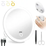 Beleuchteter 20-facher Vergrößerungsspiegel, 20-facher Make-up-Vergrößerungsspiegel mit Saugnäpfen, ringförmiger Handvergrößerungsspiegel, 13cm großer Reisevergrößerungsspiegel mit Pinzette und Schere