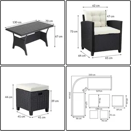 CASARIA Polyrattan Ecklounge Set WPC Esstisch Ecksofa Sessel 2 Hocker inkl. Sitzauflagen Kissen Wetterfest Outdoor Lounge Garten Terrasse Balkon