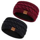 Hatromm Stirnband Damen Winter Wolle 2 Pack, Ohrenwärmer Damen Stirnband Gestrickt Dick mit Fleece Gefüttert, Haarband Damen Kaltes Wetter Warme Ohrenschützer(Schwarz+Burgund)