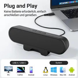Zetiy P42C PC Lautsprecher 10W mit Monitor Clip, USB Lautsprecher für PC Laptop Notebook, Monitor, Plug & Play, Platzsparend für Büro G... - Schwarz