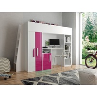 QMM TraumMöbel Hochbett PARIS 5 mit Schreibtisch Schrank Regal und Treppe Hochglanz (Bett mit Treppe, Schreibtisch, Regal) mit Schreibtisch, Schrank und Regal rosa
