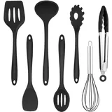 Homikit Küchenhelfer Set, 7 Stück Schwarz Silikon Küchenutensilien Kochbesteck set, Antihaft Hitzebeständiger Kochutensilien set mit Pfannenwender zum Kochen, Backen, Gesund/Spülmaschinenfest