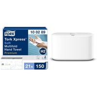 Tork Xpress weiche Multifold Papierhandtücher 100289 - H2 Premium Falthandtücher, 2-lagig, weiß & Xpress Tischspender für Multifold Papierhandtücher 552200 - H2 Tisch-Papierhandtuchspender, weiß