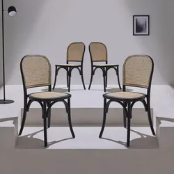 4er-Set Vintage Holzstühle mit Sitz und Rückenlehne aus Rattan, schwarz, B 44,5 x T 48 x H 89,5 cm - Montparnasse