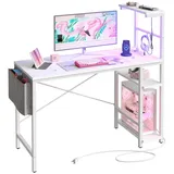 Bestier Computertisch Gamingtisch, Schreibtisch organizer, Computertisch mit Regal (113/155cm, Verstellbarer Schreibtisch Rechts oder Links, Bürotisch mit LED-Beleuchtung), für Heimbüro, Raum weiß 113 cm