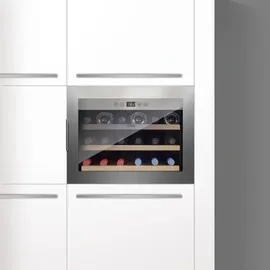 CASO Design Caso WineSafe 18 EB Inox - Weinkühlschrank für 18 Flasche, Einbaugerät Standardmaß, Höhe 45cm, 5-20°C, Innenraumbeleuchtung, UV-Filterglas, Edelstahl,