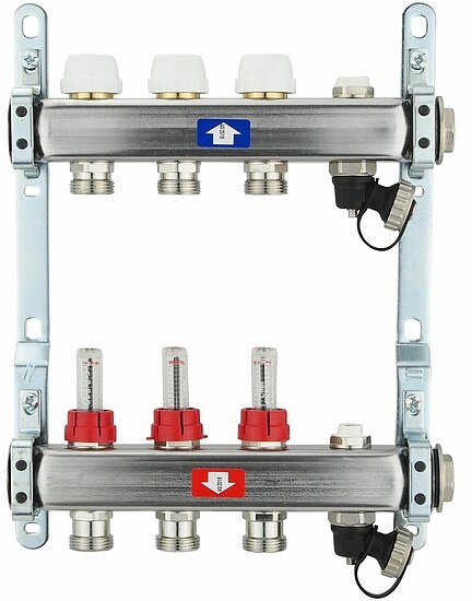 Fußbodenheizungsverteiler aus Edelstahl mit Topmeter für 3 Heizkreise - ohne Anschlussset