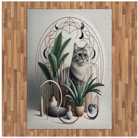 Teppich Flachgewebe Deko-Teppiche für das Wohn-,Schlaf-, und Essenszimmer, Abakuhaus, rechteckig, Katze Edles Kätzchen mit Boho Ornamenten grau|grün 160 cm x 230 cm