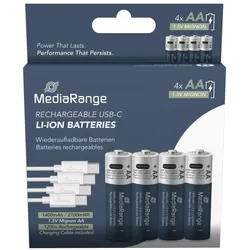 MEDIARANGE AA USB-C Akku Lithium-Ion 1400 mAh, 1,5 V, wiederaufladbar, Ladezeit 2h, 4er-Pack