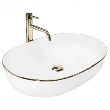 REA Aufsatzwaschbecken CLEO WHITE Gold Edge, Waschtisch Handwaschbecken Waschschale Waschbecken für Badezimmer aus hochwertiger Keramik, 605 x 410 x 140 mm (Weiß/Gold)