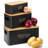 Otauoaea Kartoffel Aufbewahrungsbox - Vorratsdose 3er Set - Kartoffeln, Zwiebeln und Knoblauch Aufbewahrung - Hält Gemüse Länger Frisch - Kartoffeltopf Zwiebeltopf und Knoblauchtopf - Schwarz