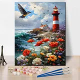 TISHIRON Malen Nach Zahlen Leuchtturm Malen Nach Zahlen Erwachsene Leuchtturm Blume Malen-Nach-Zahlen Für Erwachsene DIY Malen-Nach-Zahlen Kits Handgemalt Ölgemälde Kit, 40x50cm