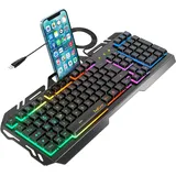 TedGem Gaming Tastatur, PC USB Kabelgebunden Tastaturs, 19 Schlüssel Anti-Ghosting mit Rainbow LED Beleuchtete, Handy Halter, Robust Metal Frame Für PC/Laptop/PS4/Xbox (Deutsches Layout)