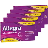 Allegra Allergietabletten 5 x 20 Stk – Antihistaminikum - Wirkstoff Bilastin - schnell und 24 Std wirksam bei Heuschnupfen, Tierhaar-, Hausstaumilben-, Schimmelpilzallergie, Urtikaria