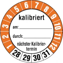 Dreifke® Aufkleber | Etikett kalibriert am:duch:... ab 28 orange/schwarz/wei - 35 mm Folie selbstklebend, 10 St