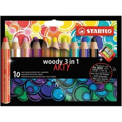 Buntstift, Wasserfarbe & Wachsmalkreide - STABILO woody 3 in 1 - ARTY - 10er Pack - mit 10 verschiedenen Farben und Spitzer