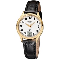 Regent Funkuhr Regent Damen-Armbanduhr schwarz Analog, Damen Funkuhr rund, klein (ca. 29mm), Lederarmband schwarz