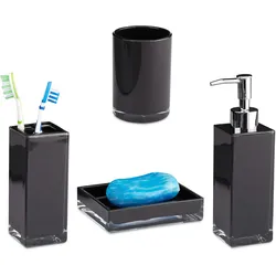 Relaxdays Badaccessoires Set 4-teilig, modern, Zahnputzbecher, Zahnbürstenhalter, Seifenspender, Seifenschale, schwarz