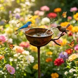 Vogeltränke Blumen Gartenstecker, Rost Vogelbad Stehend Metall Gartendeko für Draußen Wetterfest, Futterstation Bienentränke Insektentränke Vogeltränke Blumenstecker für Wildvögel Garten (115cm Hoch)