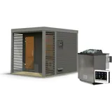 Woodfeeling Karibu Saunahaus Ares 2 - Hybridhaus mit Metallrahmen - 38 mm terragrau Blech-Ausführung: staubgrau 9 kW Bio-Kombiofen inkl. Steuergerät inkl. 8-teiligem gratis Zubehörpaket (Gesamtwert 191,92€)