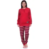 Normann Damen Frottee Pyjama, Schlafanzug Langarm mit süßem Katzen-Motiv, Farbe:rot, Größe:40-42 - 40-42