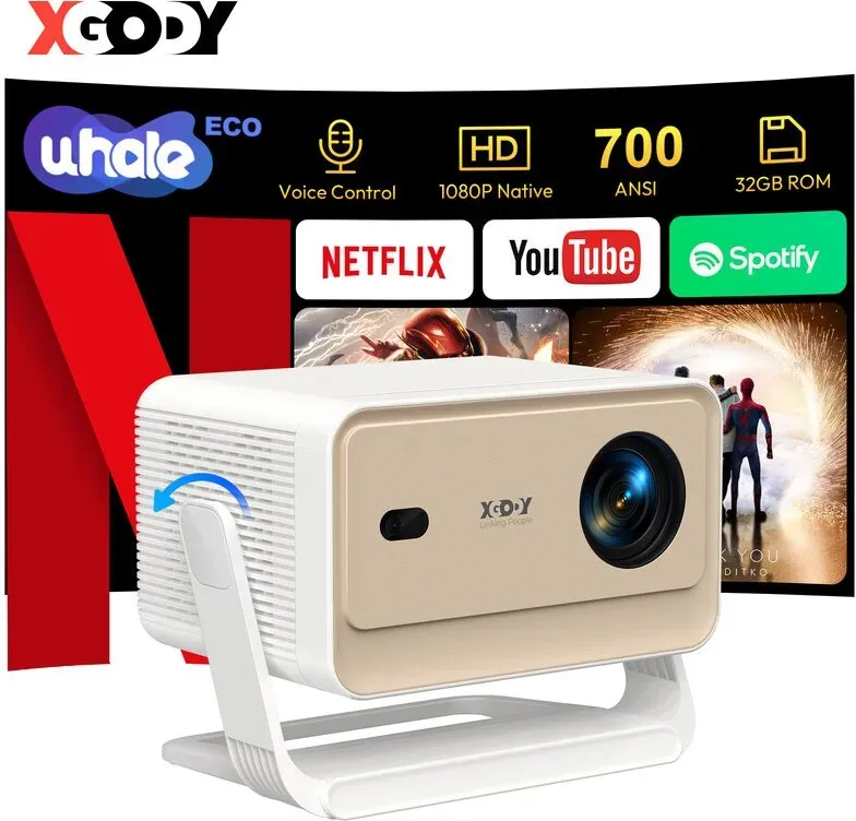 XGODY Gimbal N6 Pro Tragbarer Projektor, 4K-Unterstützung, native 1080p & 700 ANSI Lumen, WhaleOS 3.0, offizielle Netflix-Apps, WiFi 6 & Bluetooth 5.4, Autofokus & automatische Trapezkorrektur, 32 GB ROM, Smart-Projektor für Heimkino & Schlafzimmer, kompatibel mit HDMI/USB/Smartphone/PS (Weiß + Gold)