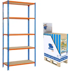 SimonRack Minipromobox mit 12 schraublosen Metallregalen Maderclick 5 Regale. Blau/orange/Holz 1800x900x400 mm