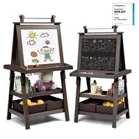 Costway 3 in 1 Kinder Staffelei aus Holz, Kindertafel doppelseitig mit 2 Aufbewahrungsboxen, Whiteboard, Kreidetafel, Magneten & Zeichenpapier Kaffee