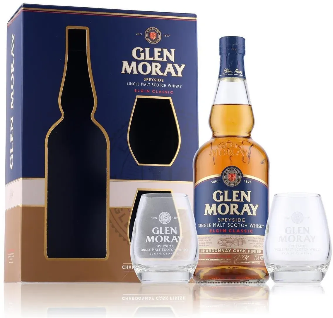 Glen Moray Elgin Classic Chardonnay Cask Finish Whisky 40% Vol. 0,7l in Geschenkbox mit 2 Gläsern