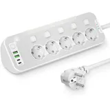 Steckdosenleiste Einzeln Schaltbar,5-fach Mehrfachsteckdose mit Schalter Tischsteckdose mit LED-Nachtlicht und Edelstahlfrontplat Ecksteckdose für Küche,Steckerleiste Überspannungsschutz 2M Kabel,Weiß