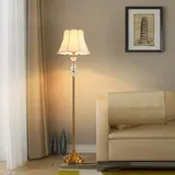 Chao Zan Stehlampe Wohnzimmer Modern Stehleuchte - Golden E27 Standleuchte Vintage 1 Flammig Bettlampe Weiß Stoff Standlampe Deko Leselampe kristall mit Fußschalte für Büro Schlafzimmer Arbeitszimmer